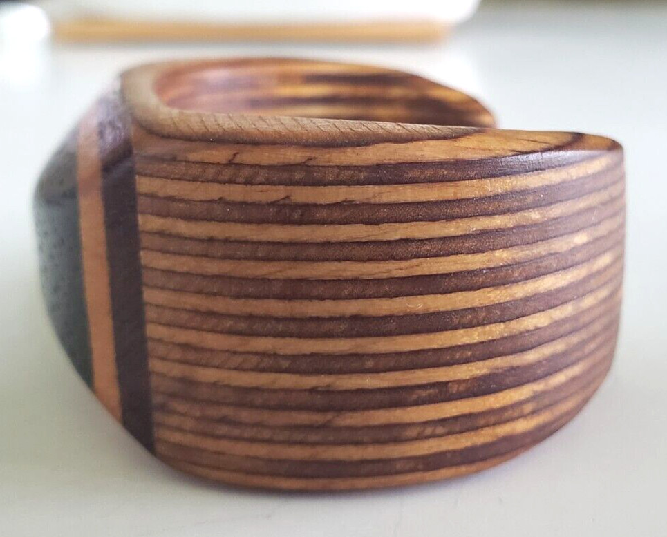 Vintage Inlay Laminated Layered Wood Cuff Bracelet 4-7/8″ Size Small
