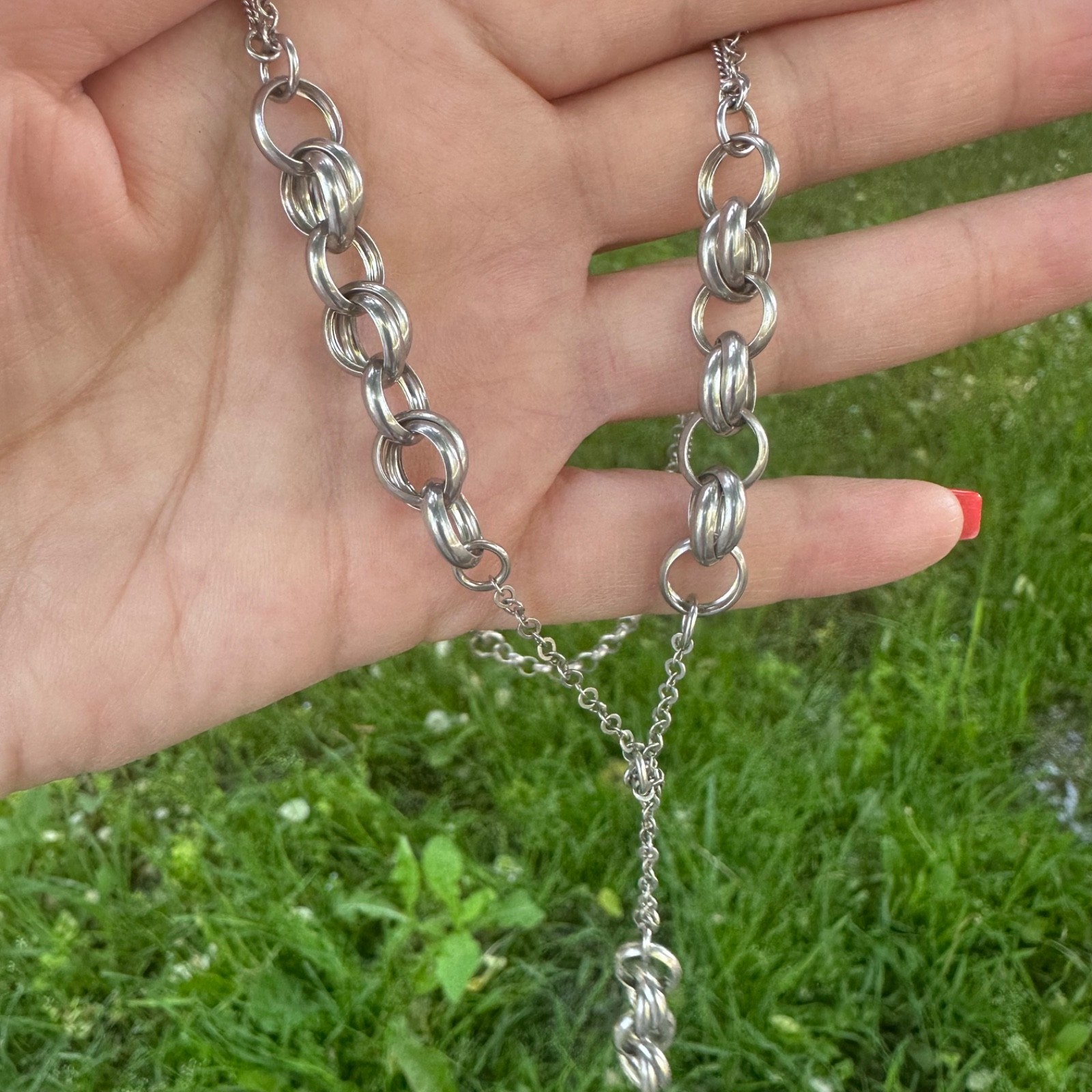 Vintage Italian Sterling Silver Lariat Double Link Rolo Chain Statement Necklace