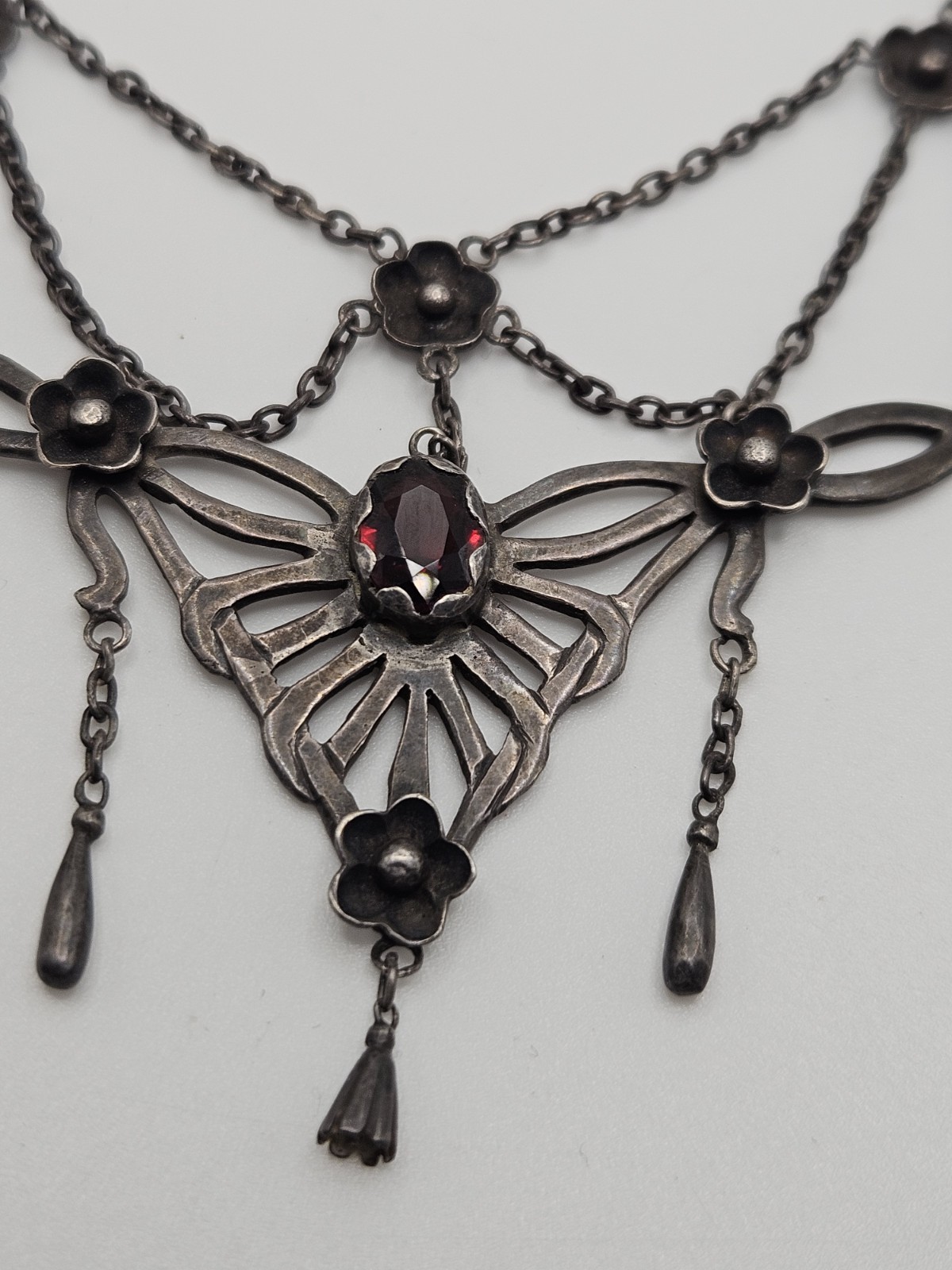 Vintage Victorian Revival Festoon Sterling Red Garnet Flower Necklace As Is