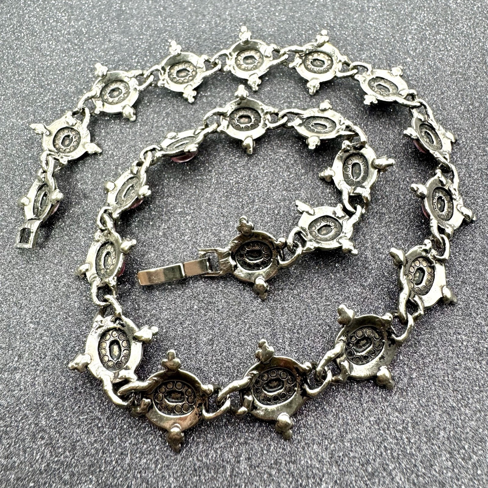 Vintage Silver Beaded & Marcasite Collar Necklace, Bezel Set With Pink Cabochons
