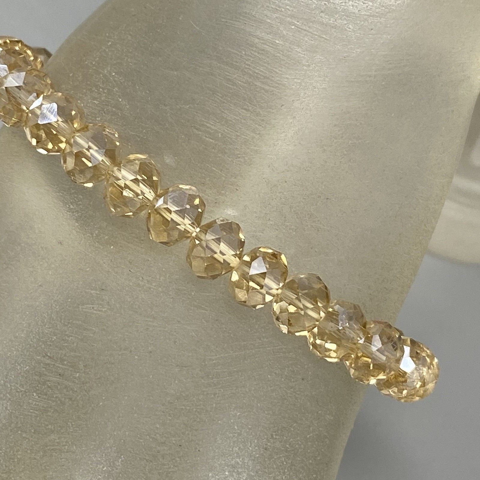Glass Beaded Bracelet Champagne Faceted Fire Polished Stretch Iridescent 7″