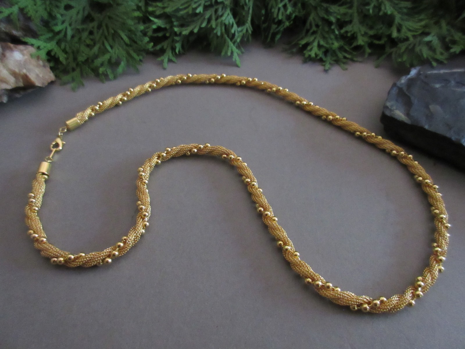 Vintage Gold Tone Twisted Mesh Rope Beaded Necklace & Bracelet Set
