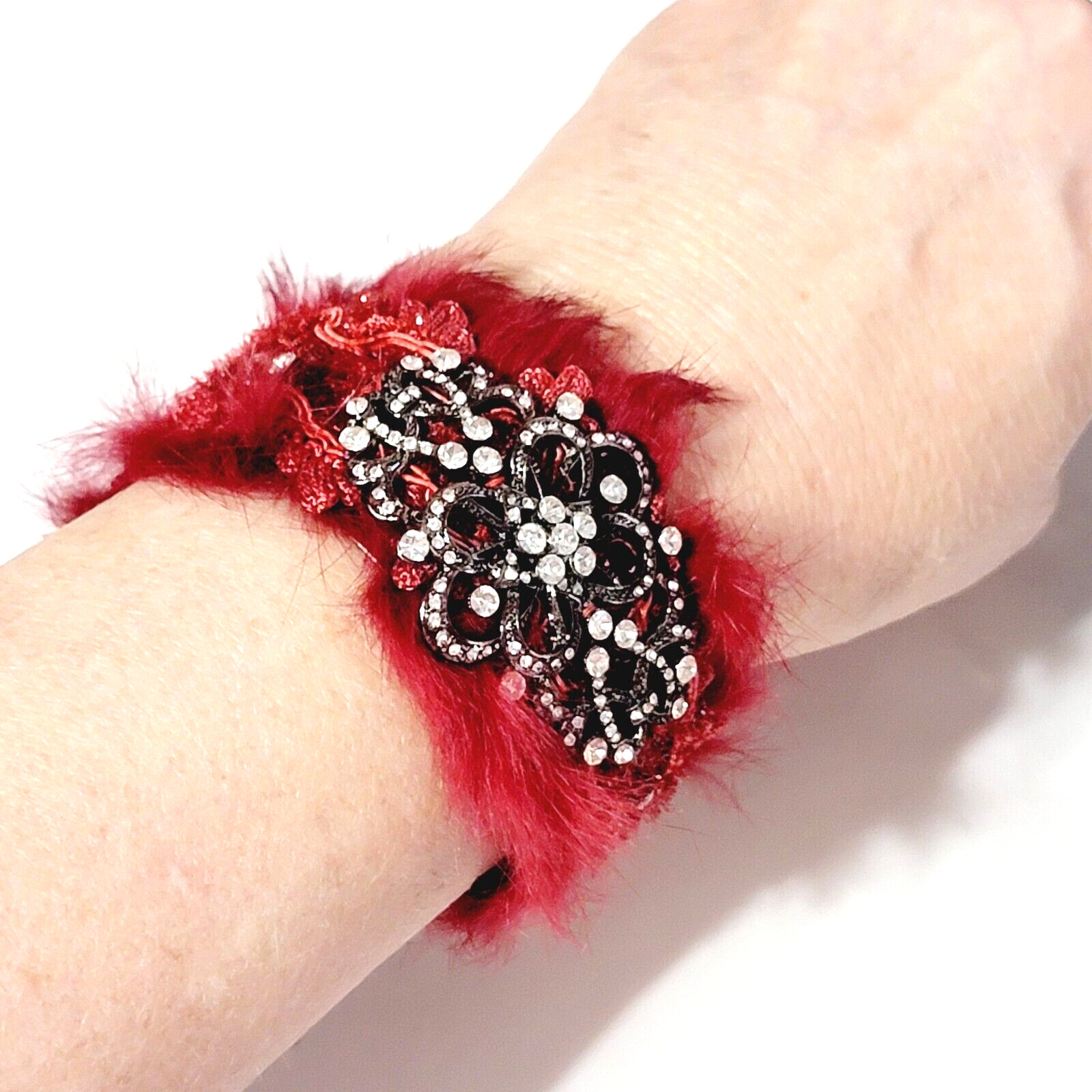 Faux Fur Red Cuff Bracelet Ornate Rhinestones Diva Statement Jewelry cfb