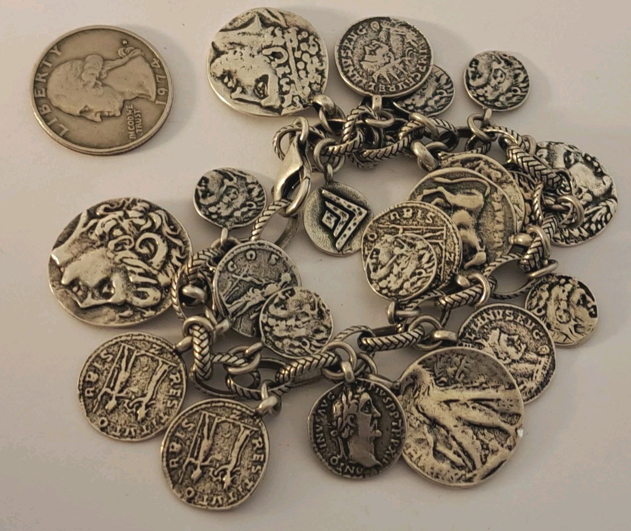 Silpada Sterling Silver Roman Coin Cha Cha Charm Bracelet 8″ Adjustable 66 grams