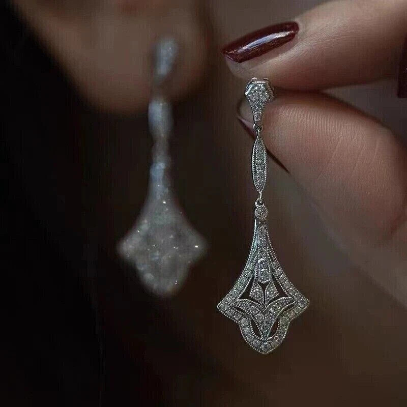 Art Deco Style Round Diamond Wedding 14K White Gold Finish Drop Dangle Earrings
