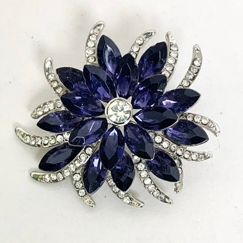 Vintage Blue Violet Rhinestone Flower Brooch Silver Statement Pin Mid Century