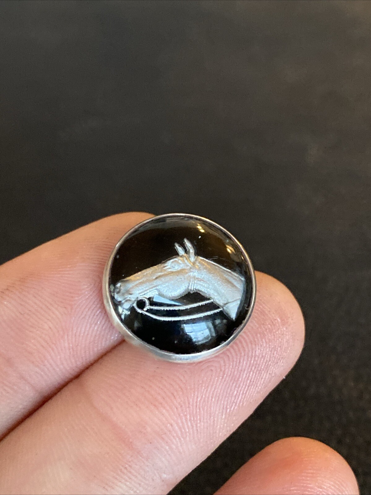 Antique Bubble Goofus Glass Reverse Painted Carved Intaglio Horse Equestrian Pin