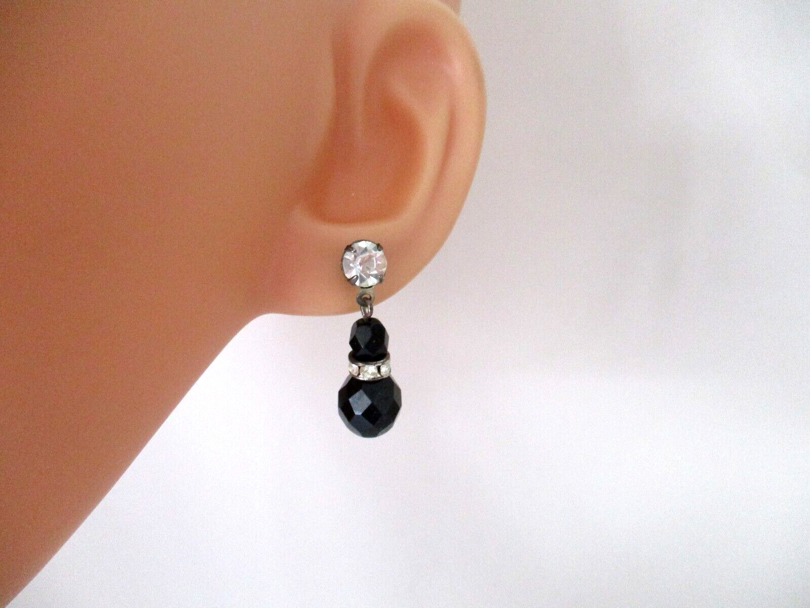 Vintage Dangle Drop Post Earrings Faceted Black Glass Beads & Rhinestones