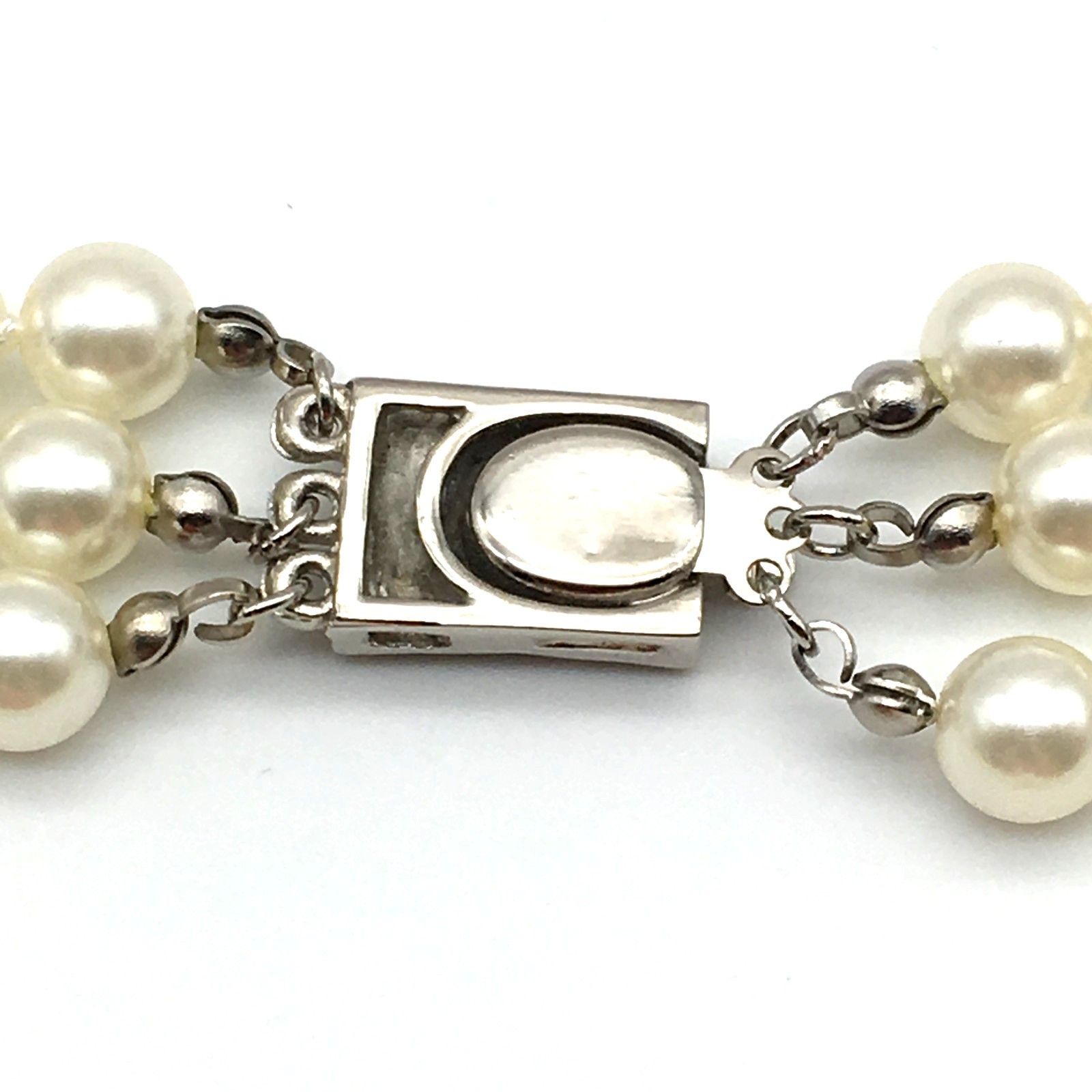 Vintage Cream Color Glass Pearls 3 Strand Hand Knot 15″ Necklace Pave Push Clasp