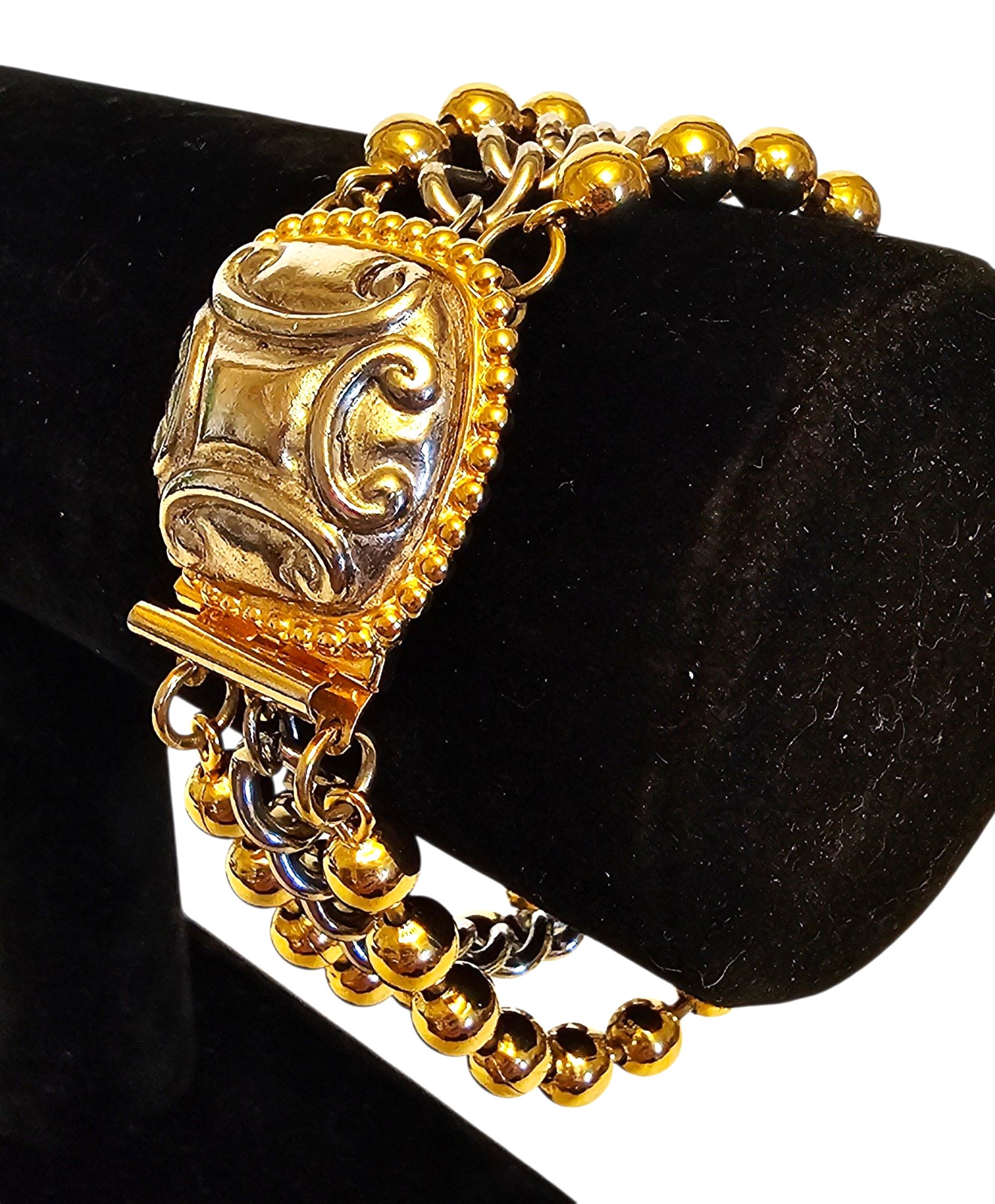 Vintage Gold and Slver Tone 3 Strand Ball Chain Link Chunky Clasp Bracelet