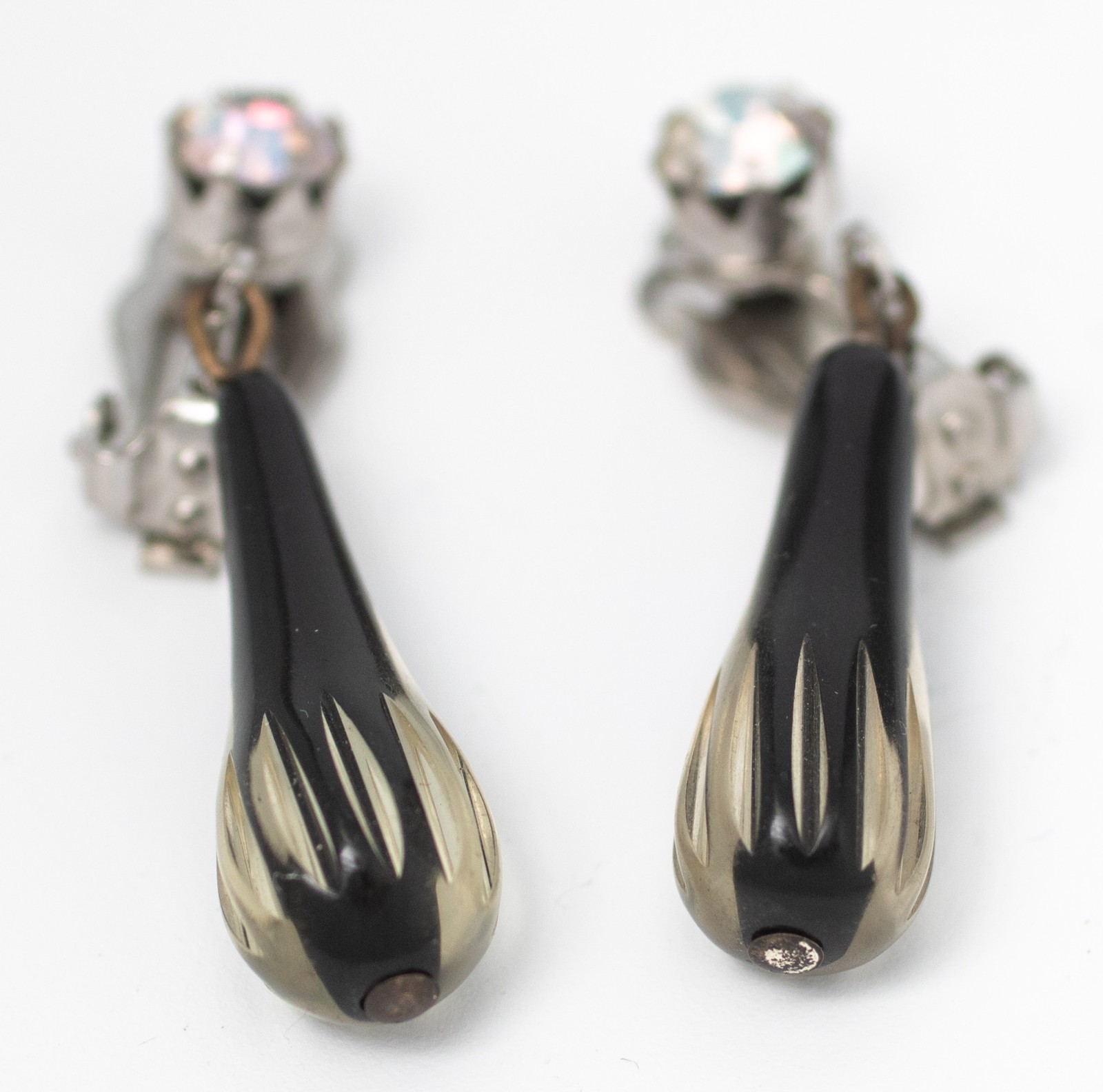 1950s Vintage Earrings Black Cased Glass Dangle Drop Aurora Borealis Rhinestone