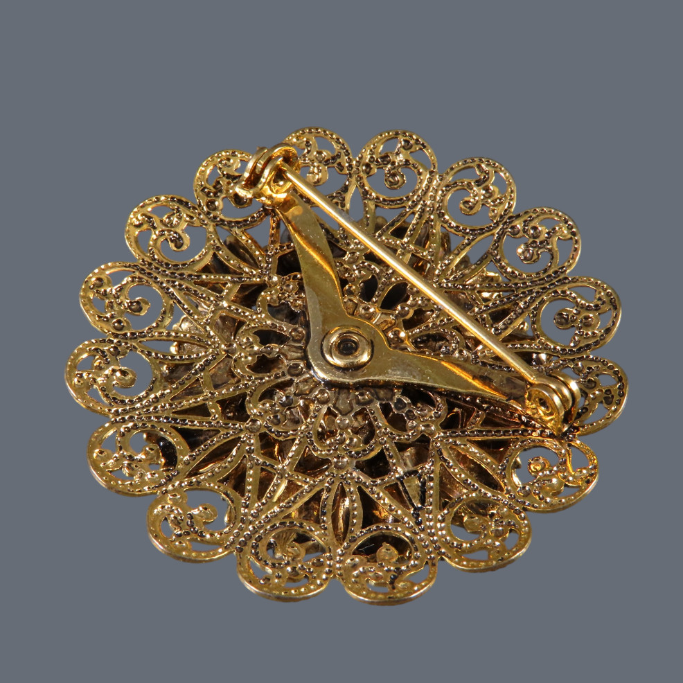 Vintage TACOA GOLD TONE BROOCH PIN Filigree Flower PINK PORCELAIN ROSE CENTER