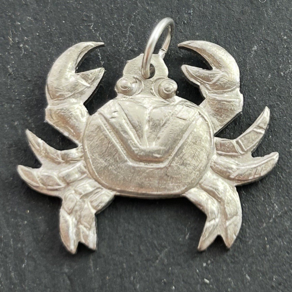 Vintage Crab Charm Pendant Etched Silver Plated Brass Vintage Jewelry Nautical