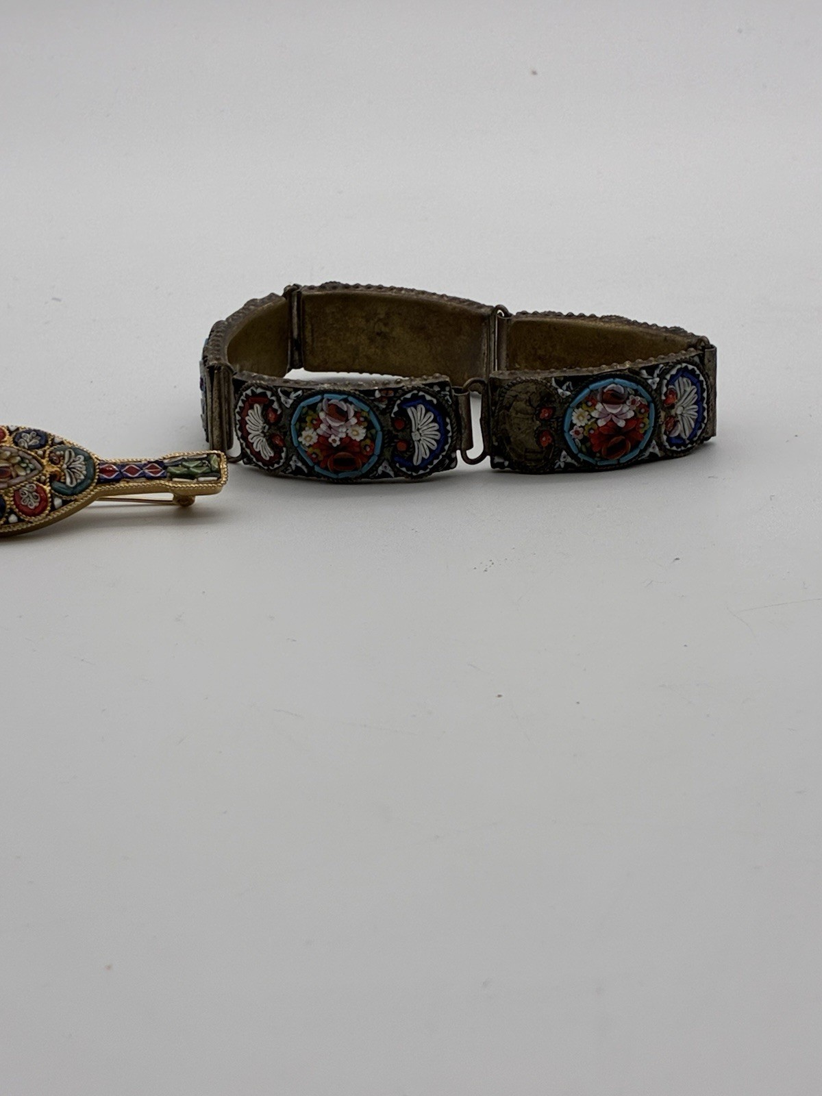 Vintage Micro Mosaic Wildflower Italian Brass Panel Bracelet 8” & Pin Read Desc.