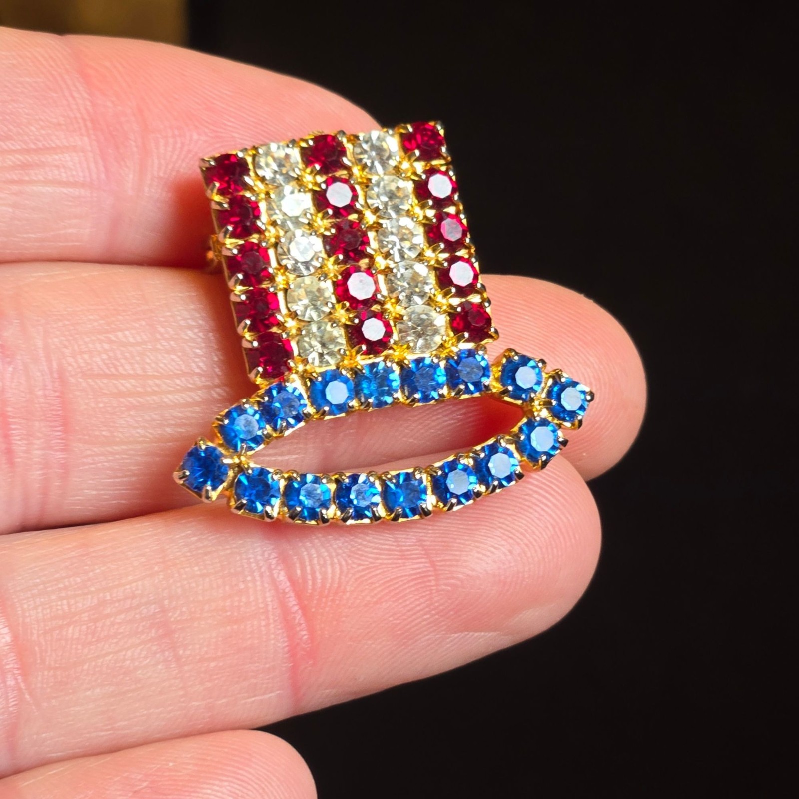 VTG Uncle Sam Hat Patriotic Brooch Red White Blue Glass Rhinestones Jewelry USA
