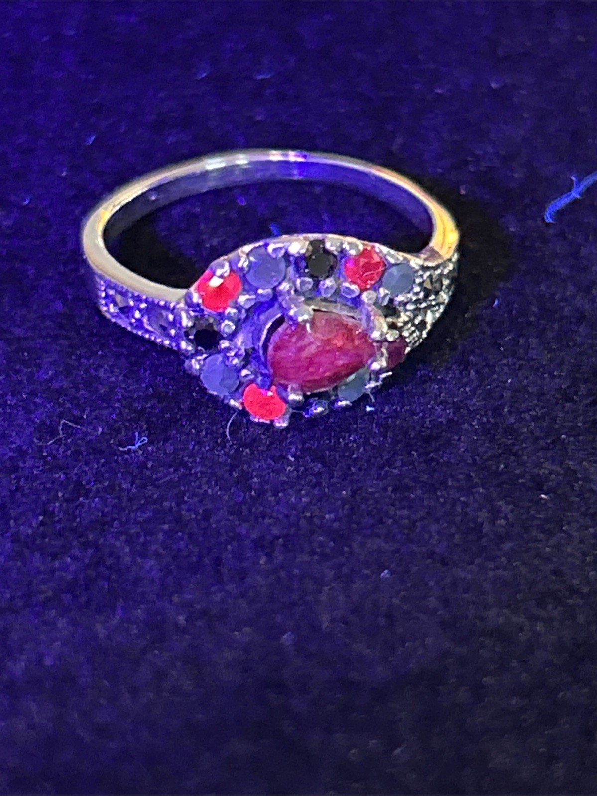 Vintage 925 Sterling Silver Ruby Sapphire Jade Marcasite Ring Size 7.5