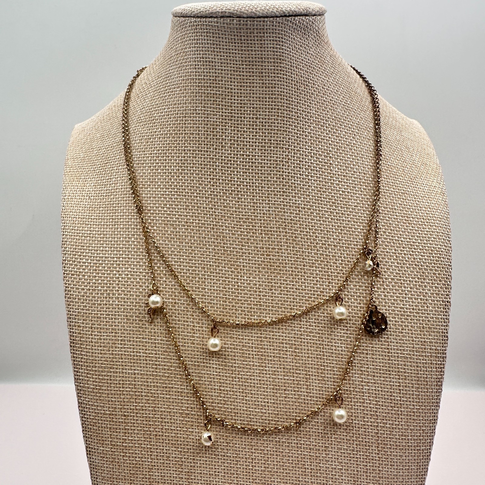 Vintage 90s Gold Tone Double Layer Chain Pearl Charm Station Necklace Jewelry