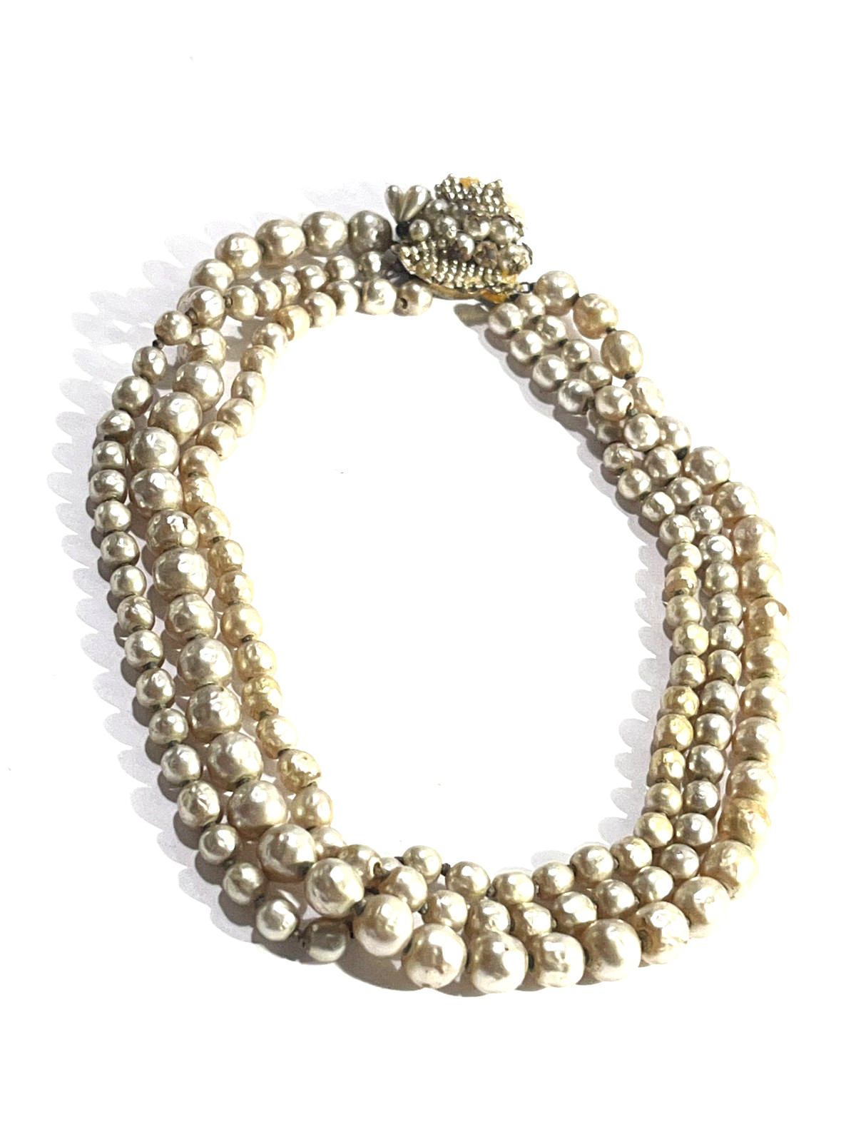 Vintage Miriam Haskell 3 Strand Pearl Choker Necklace 17″ Signed