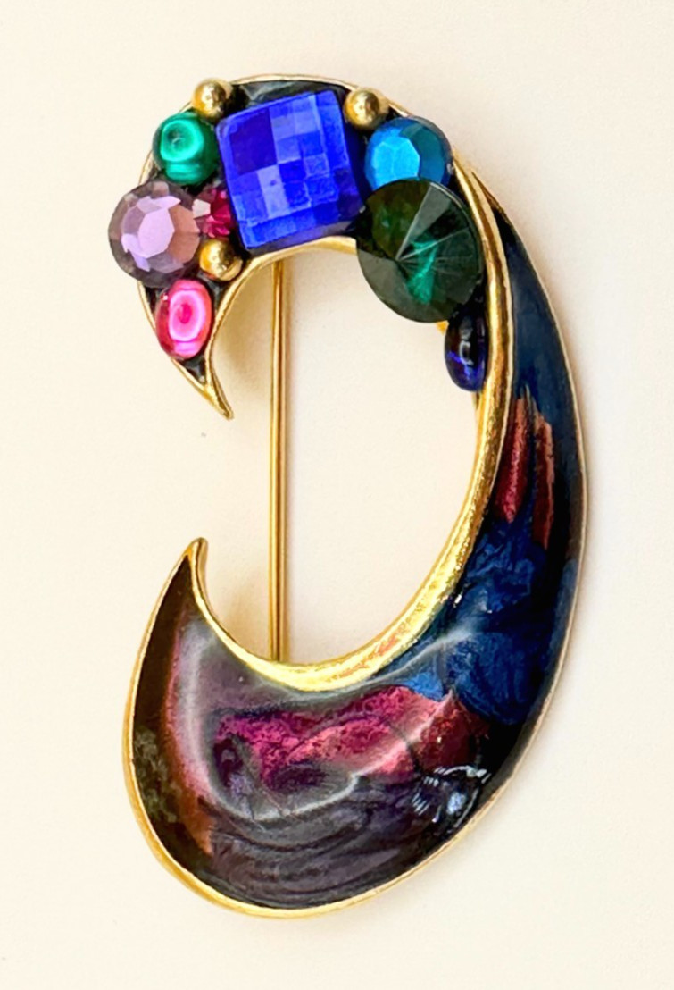 Gold Tone Multicolor Enamel & Rhinestones Brooch Vintage