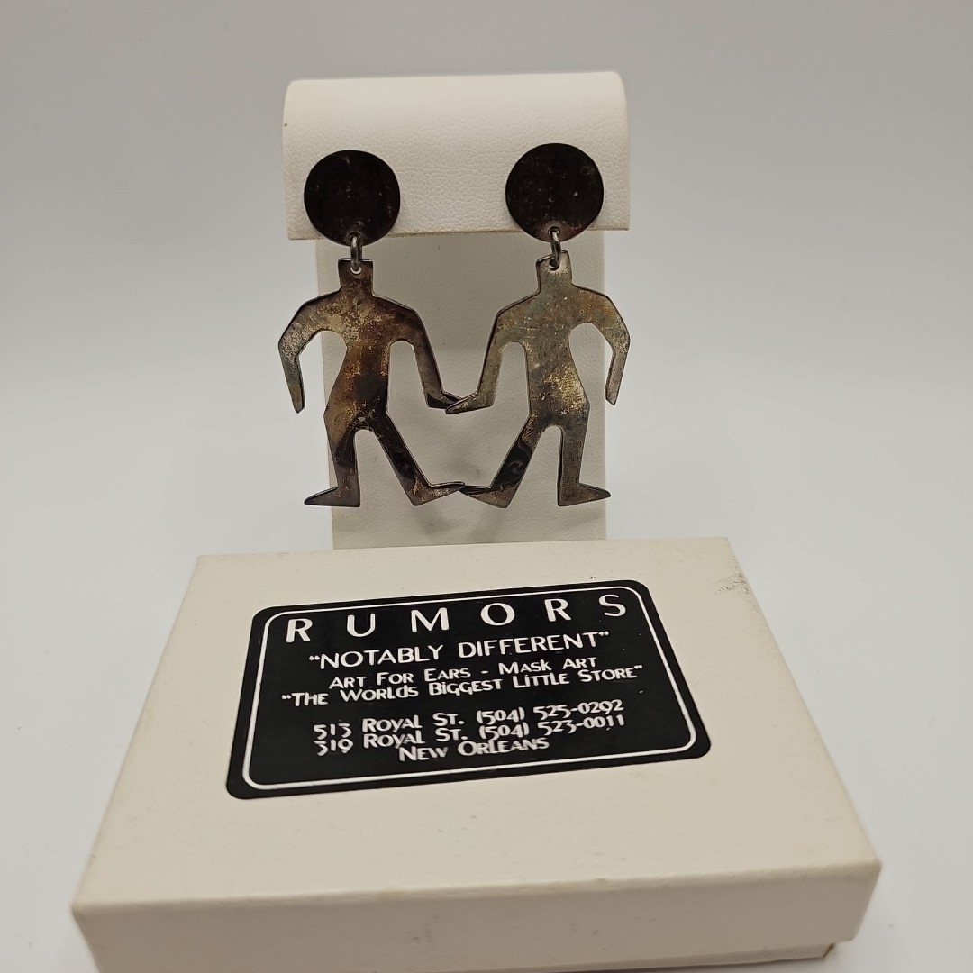 Vintage Silver Tone Articulated Person Dangle Earrings New Orleans Artist Made