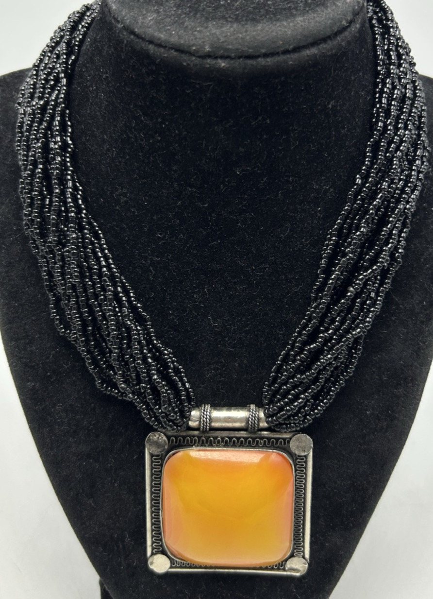 Naja Amber Resin Statement Necklace Multi Strand Black Seed Bead 2″ Pendant Read