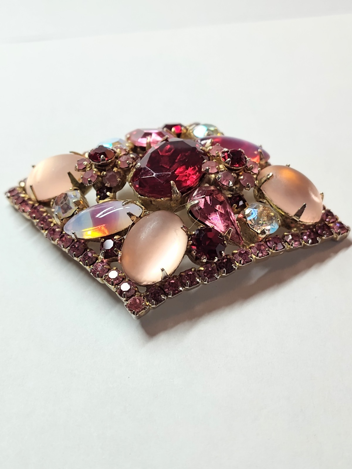 Vintage Stunning Givre Pink Red Clear AB Rhinestone Brooch Pin Clip Earrings