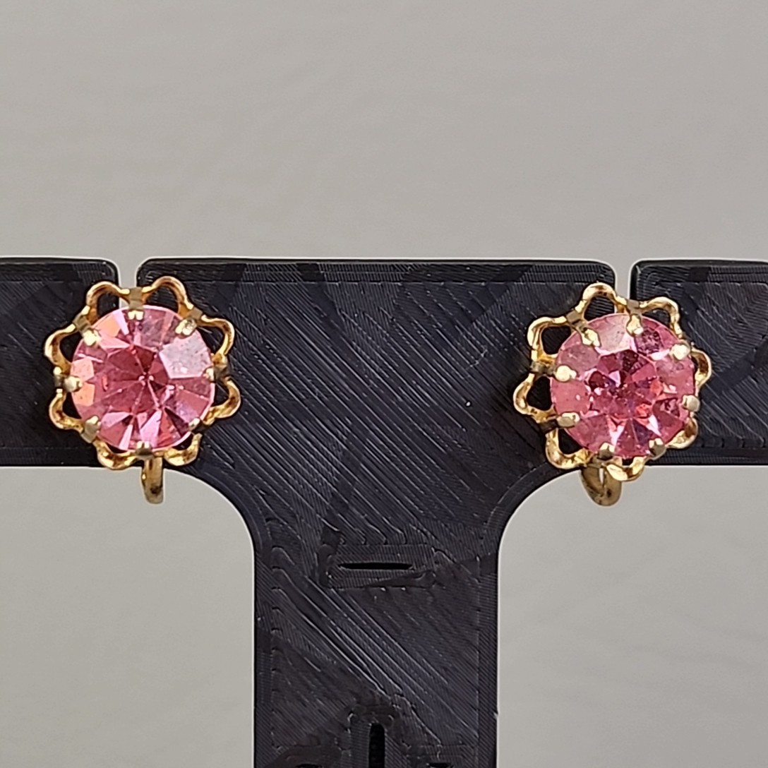 Vintage Rhinestone Screwback Earrings Pink Round Gold Tone 1cm