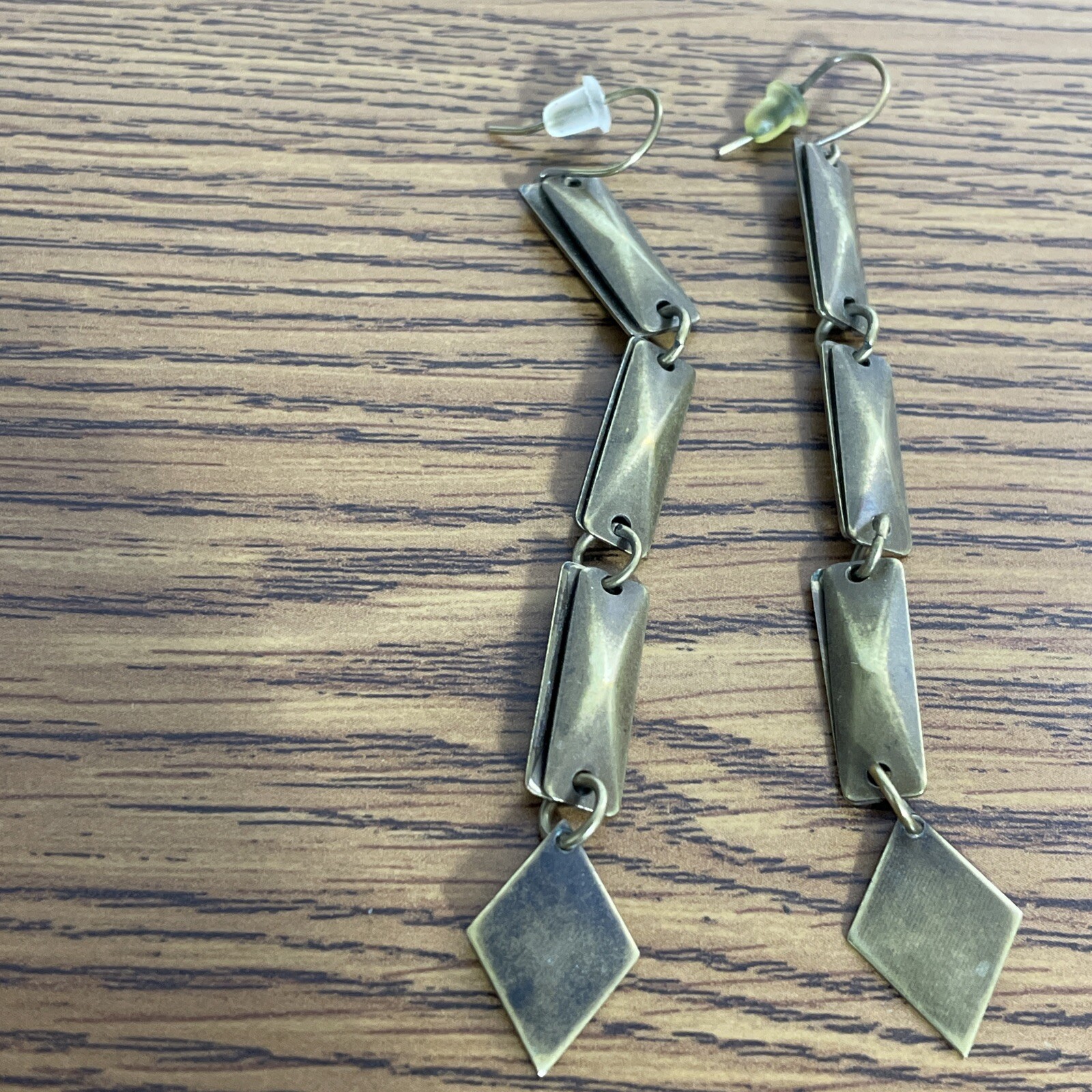 2 Pairs Brass Earrings Vintage Dangle Hook Triangle And Chain