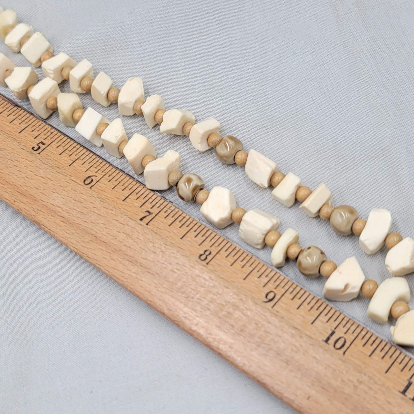 Vintage Bead Necklace Wood Ceramic Cow Bone Long 32″
