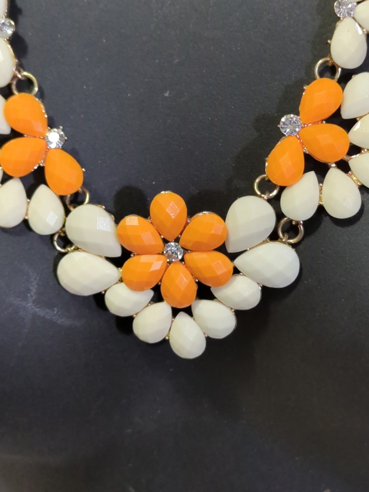 BIB Gold tone Orange & Cream with Rhinestones Scoop Necklace Vintage 70s