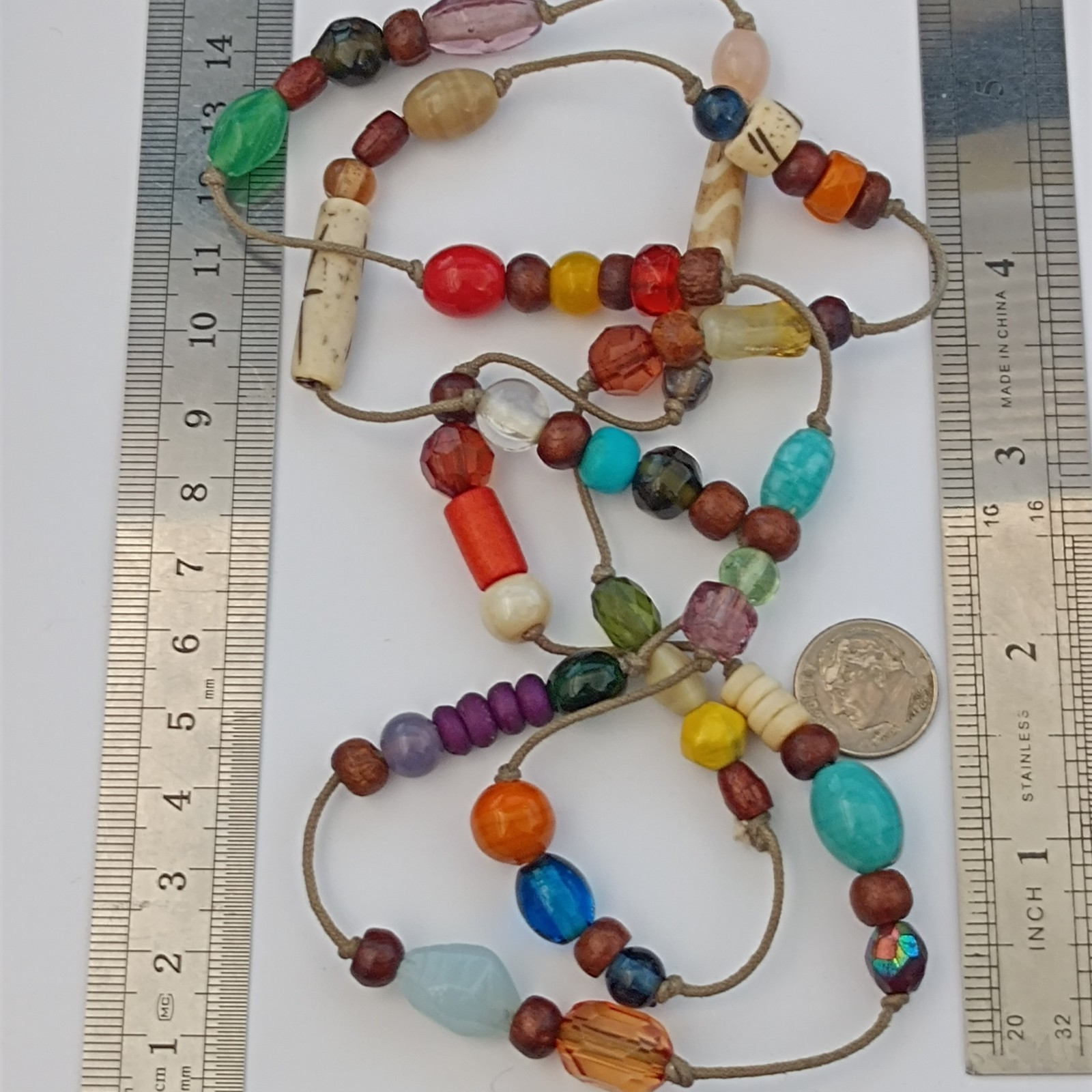 Vintage Long Boho Lariat Necklace Mixed Beads Glass Ceramic Wood Knotted Station
