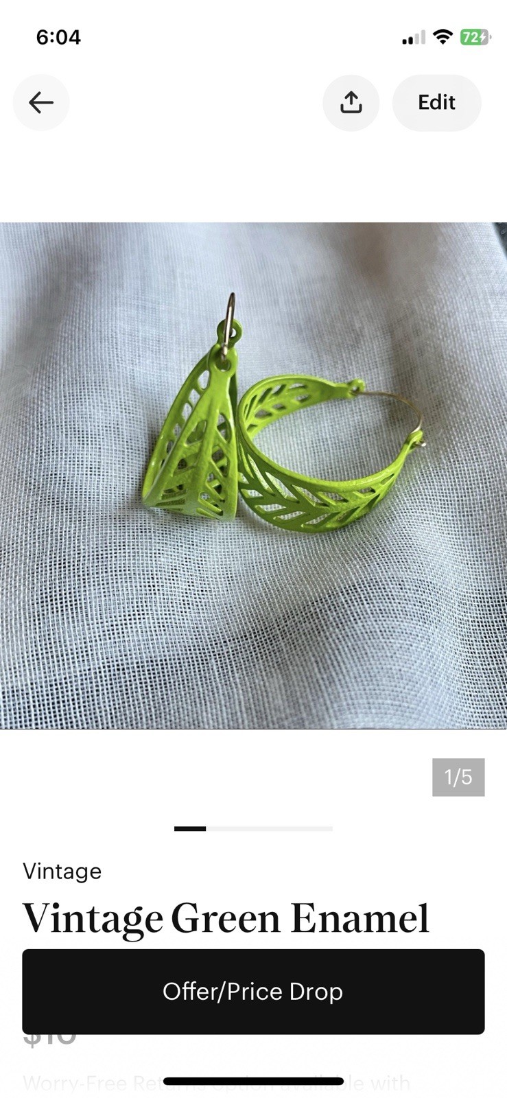 Vintage Bright Lime Green Enamel Cut Out Hoop Earrings