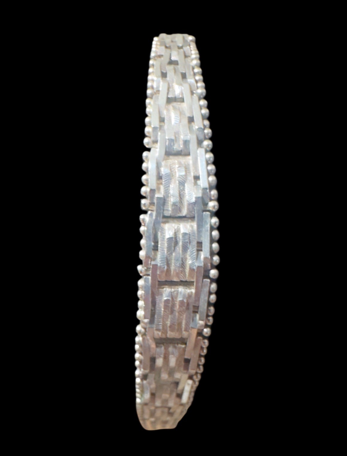 .925 Italian Sterling Tapered Panel Link Bracelet With Beaded Edge 8” VTG BIB