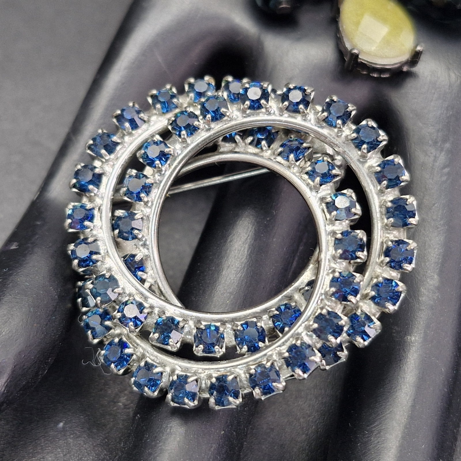 2 Vintage Silver Tone Sapphire Glass Rhinestone Brooches Deco Inspired 1.5-2″