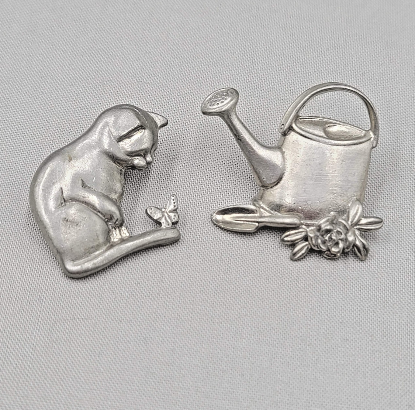 Vintage Pewter Brooch Kitty Cat Butterfly Gardening Silver tone Lot of 2 1.25″
