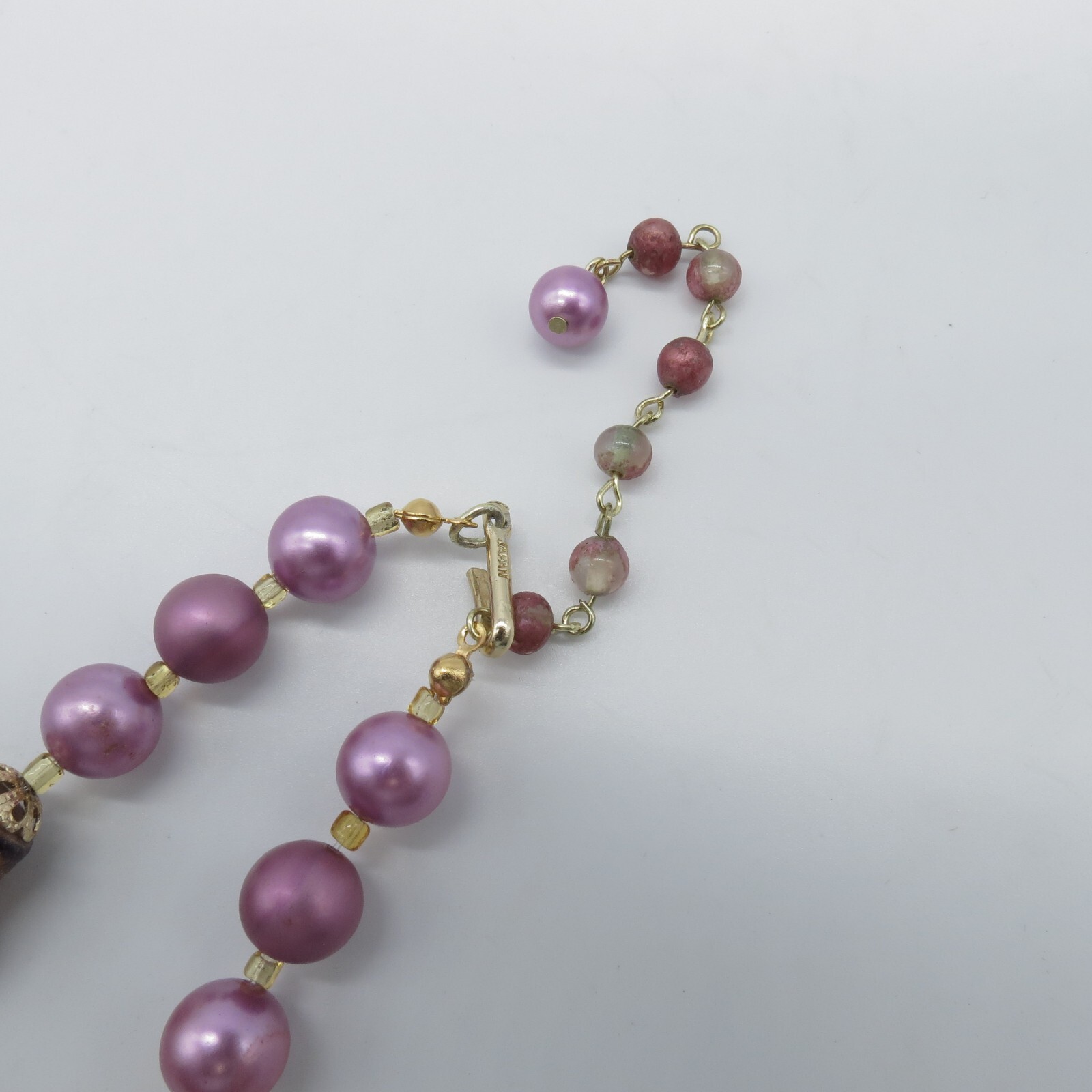 Vintage Japan Bamboo Pink Beaded Necklace Gold Tone Statement 17″