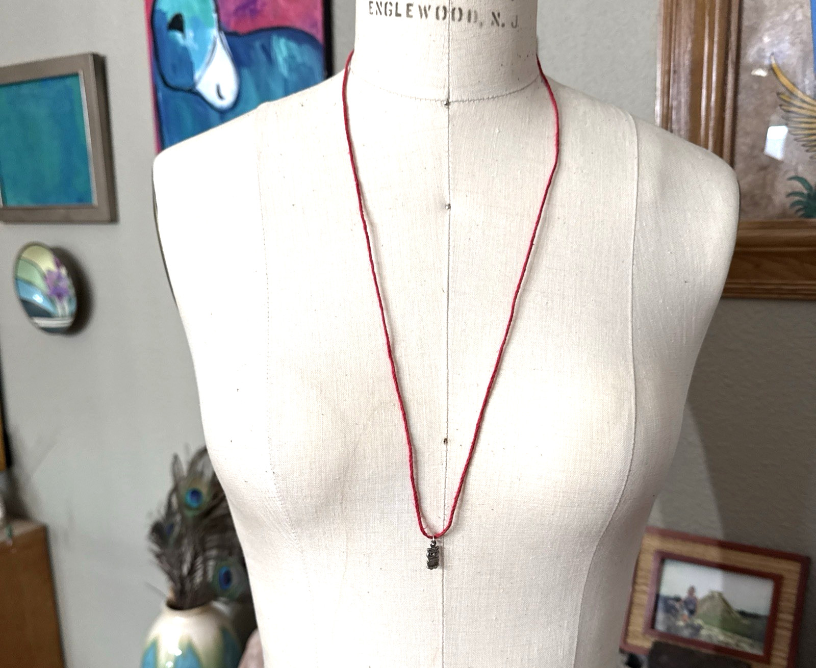 tiny OWL CHARM Dainty Necklace Hemp Cord Boho Festival Tibetan Silver Tone GIFT