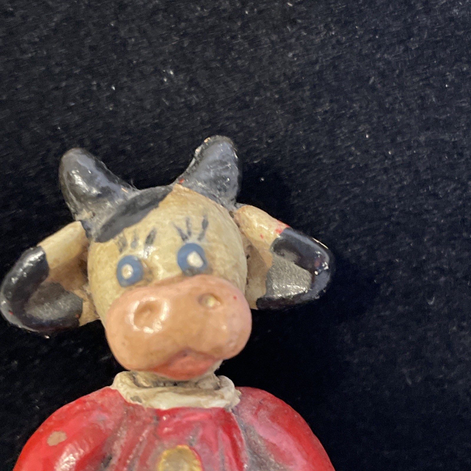 Decorative Pin Painted Ceramic Cow In Red Robe Holding Yellow Flower 2.25 in