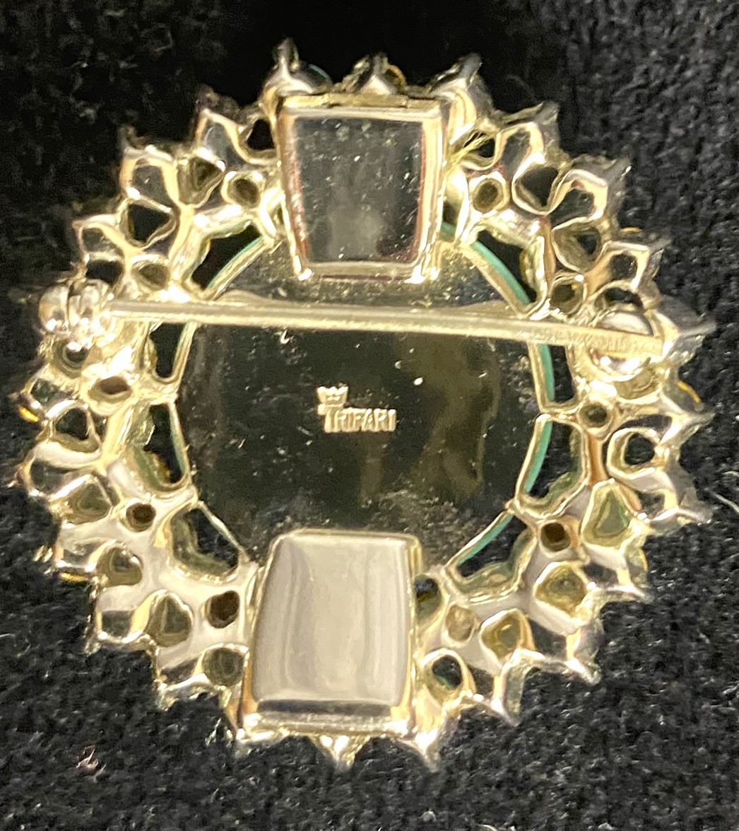 Vintage, Signed, Trifari Costume Jewelry Brooch Faux Turquoise Blue Rhinestones