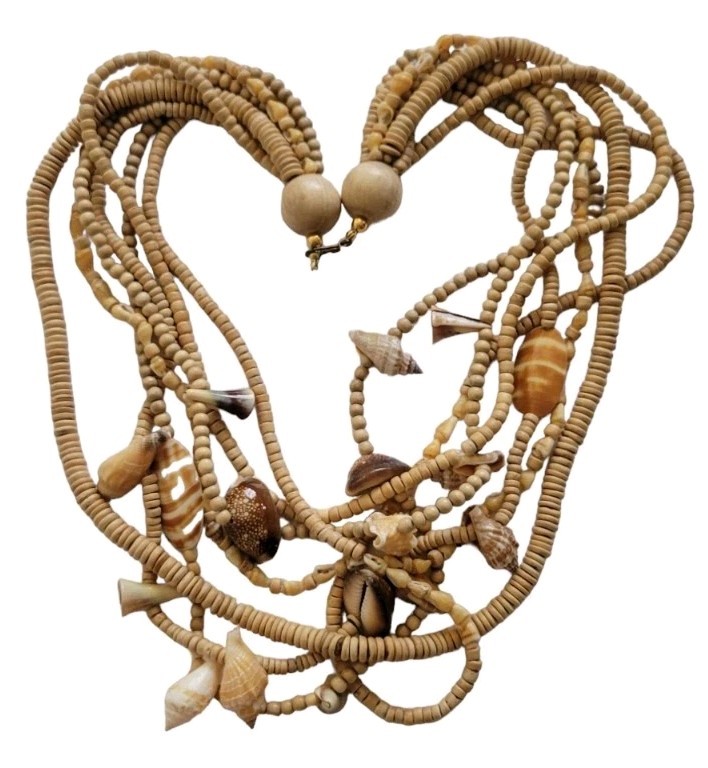 Sea Shell & Hand Carved Wood Bead Multi 7 Strand Necklace Unique Ocean Jewely