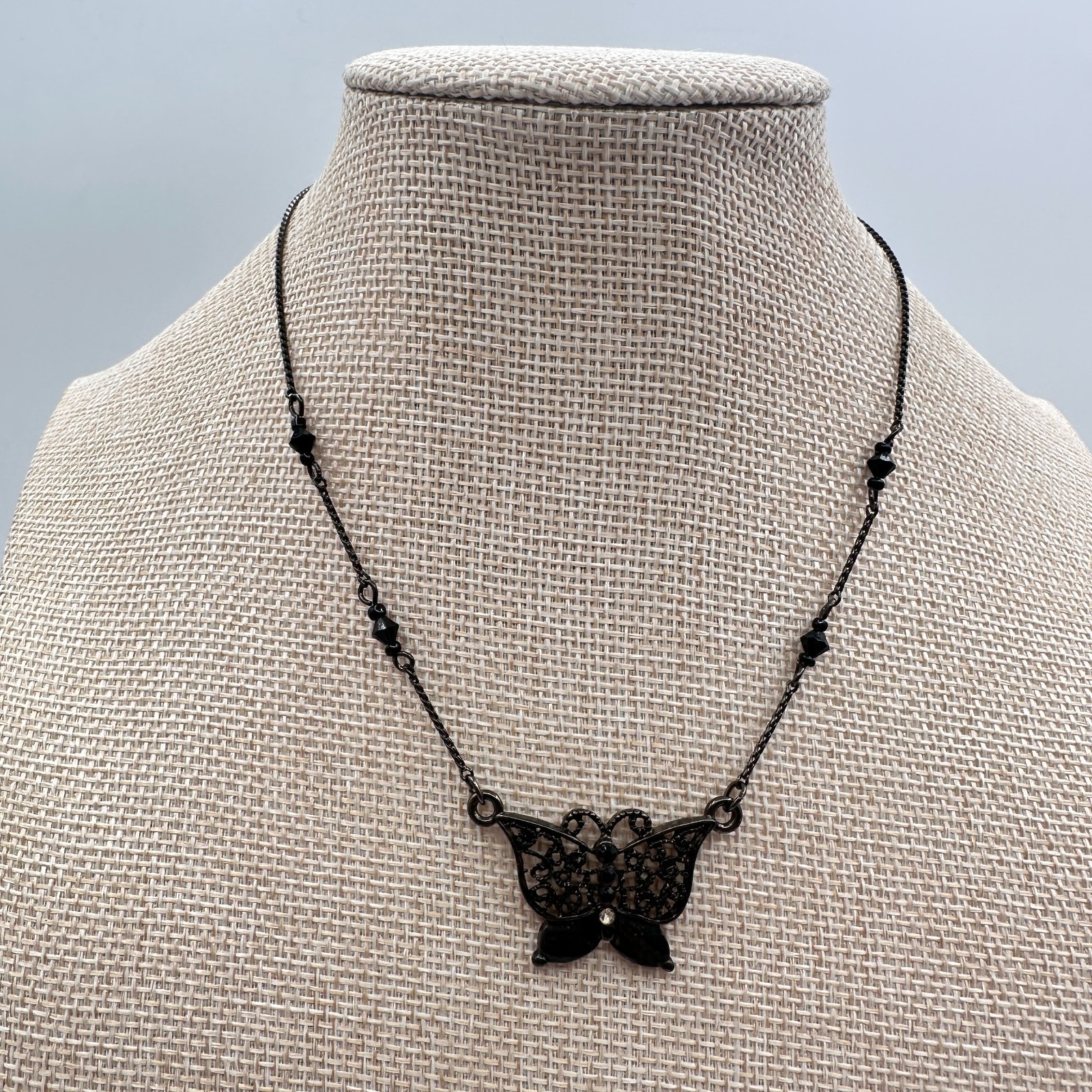 Vintage Y2K Rhinestone Filigree Butterfly Pendant Necklace Statement Jewelry
