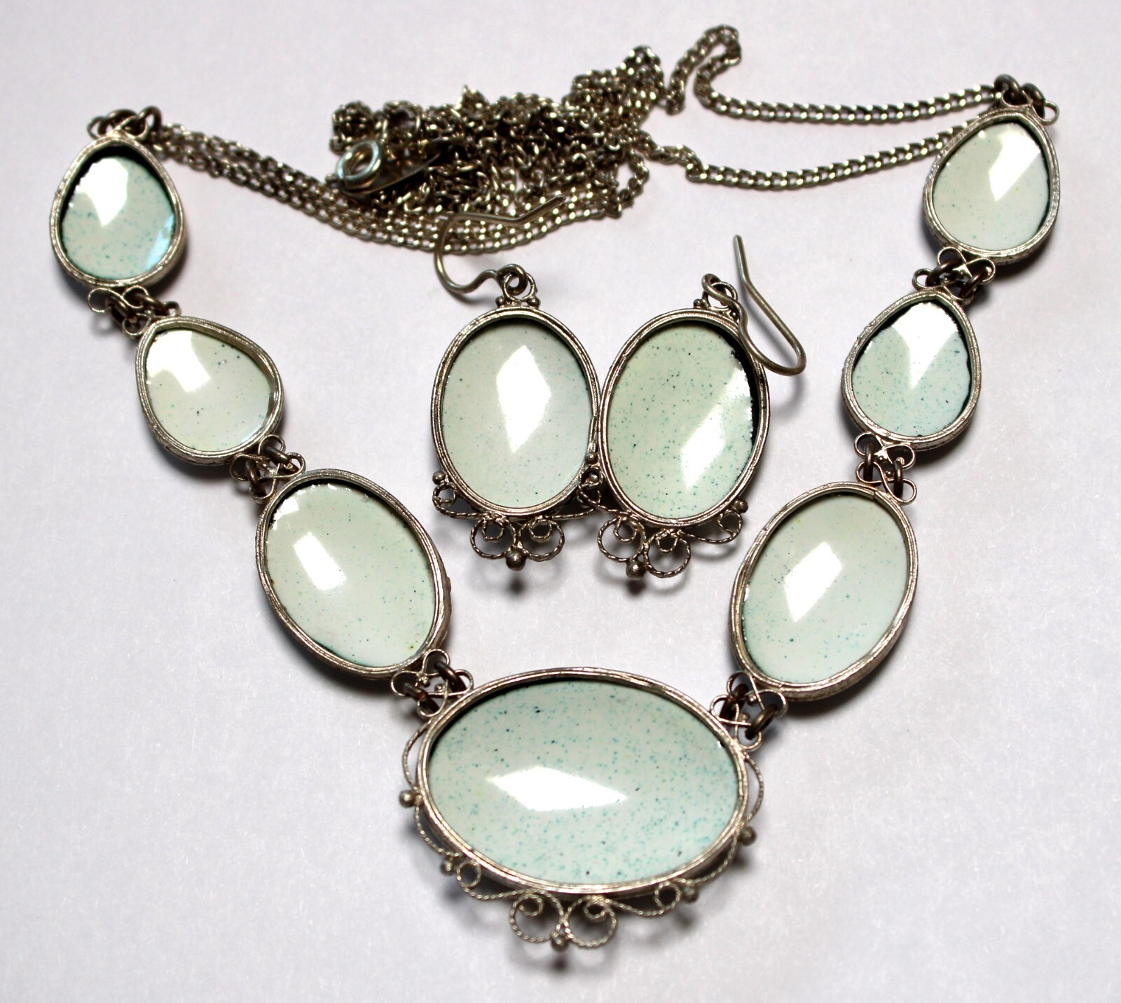 Vintage Unique Russian Enamel Hand Painted Jewelry Set Earrings & Necklace #27a