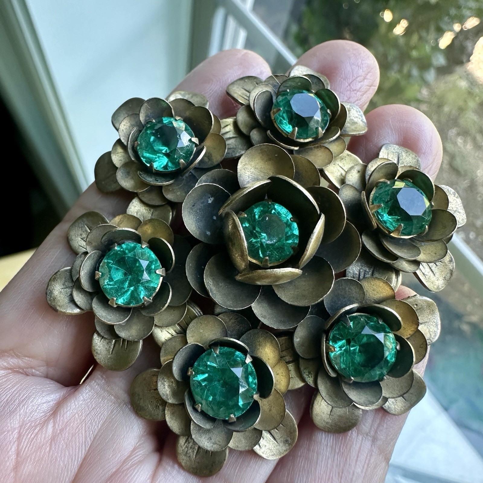 Vintage Flowers Brooch 2.4 Inch Green Crystal Multi Layered Antique Gold MCM