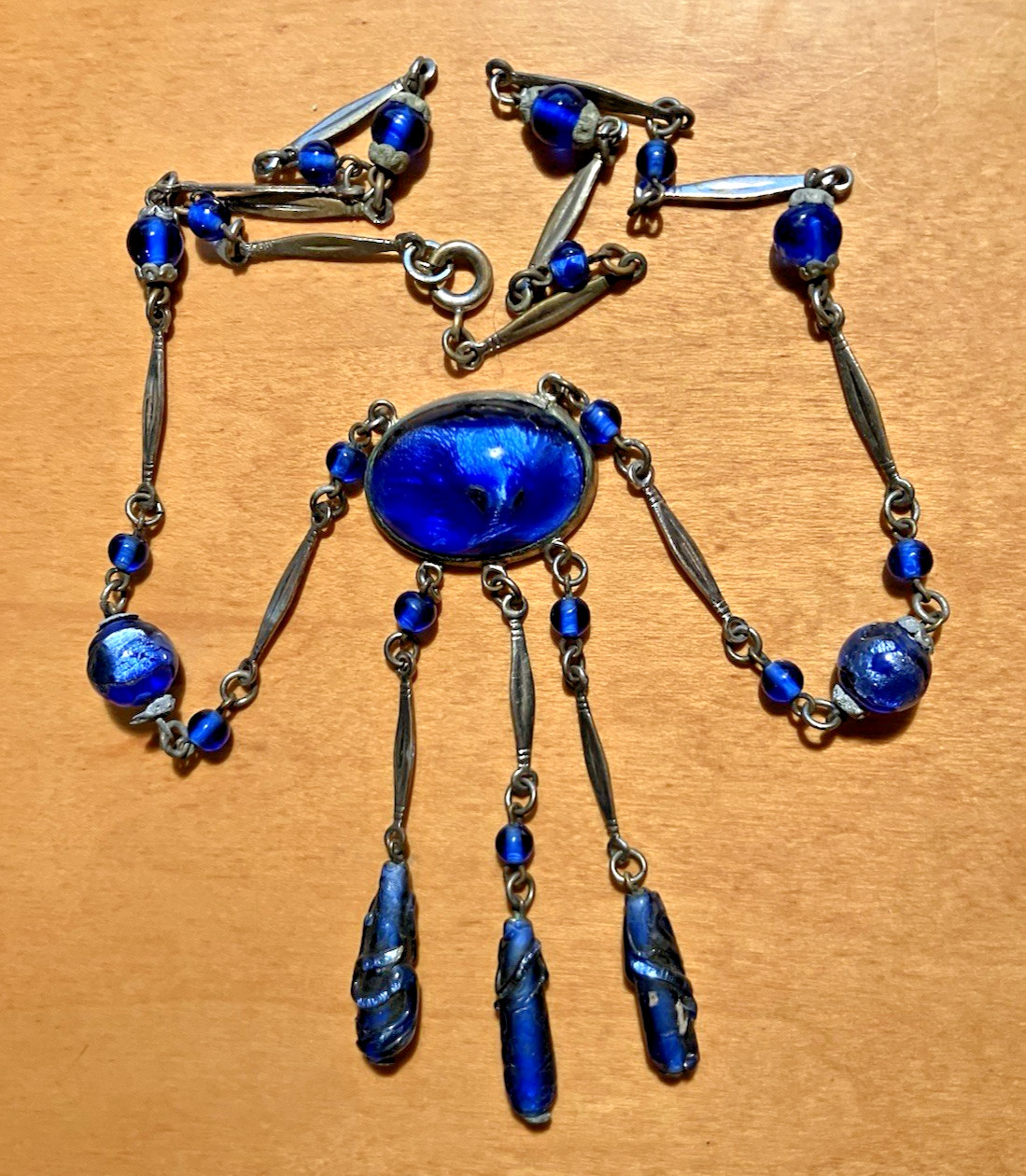 Vtg ART DECO CZECH blue foil GLASS drop pendant NECKLACE 3 “torpedo beads”