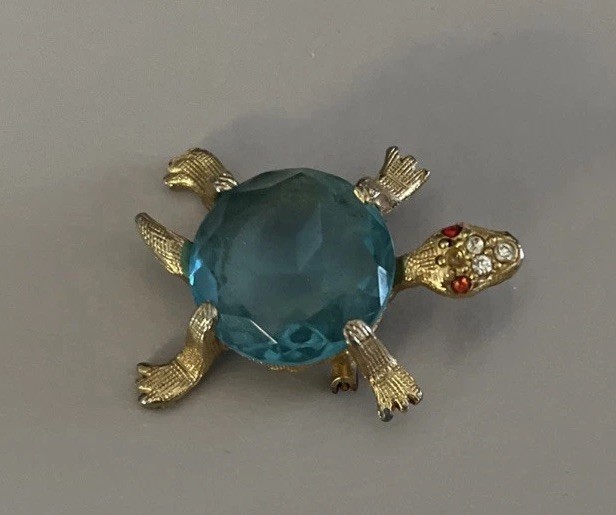 Vintage Figural Blue Glass Turtle Pin/Brooch-1-1/2”