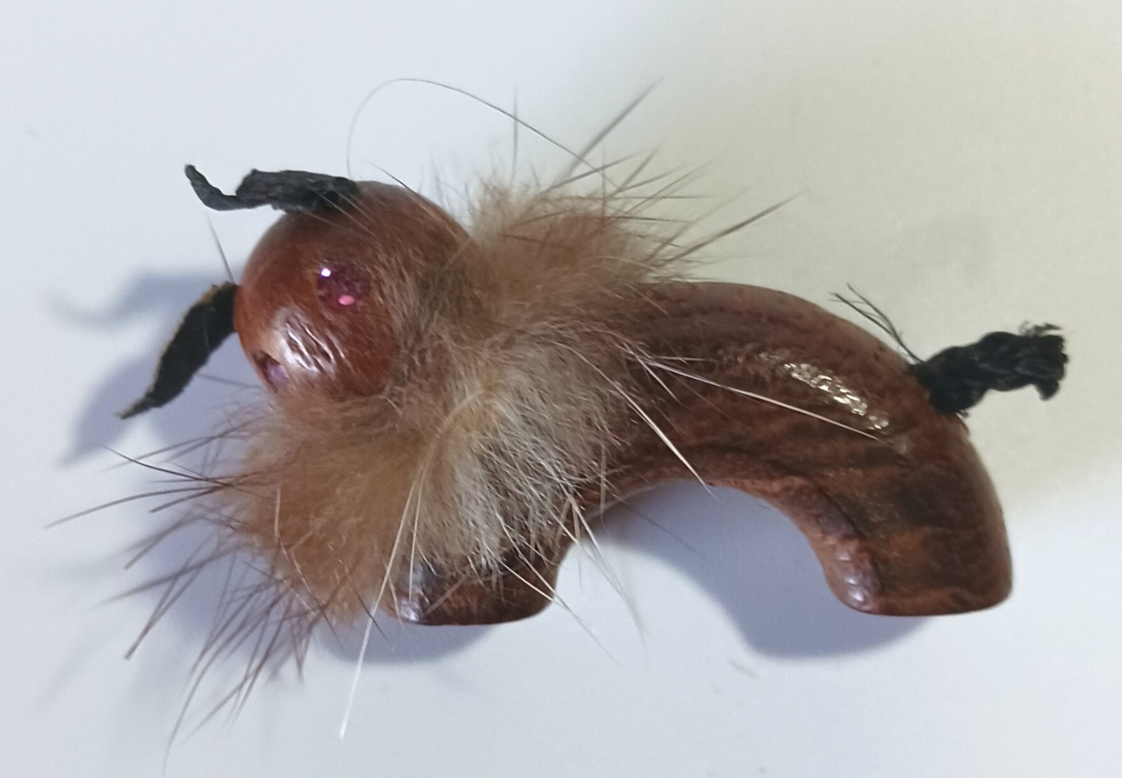 Vintage Wood, Fur, Leather, Rhinestone Animal Creature Brooch – Lion?