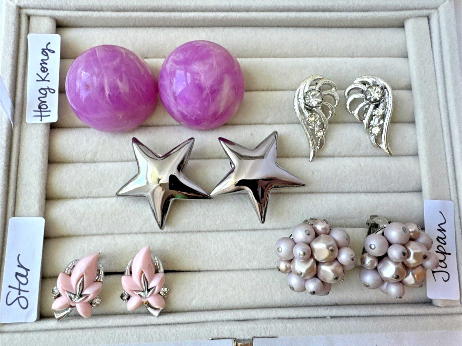 Lot 5 Pairs Brutalist Clip On Earrings Thermoset PINK VTG Movie Star Japan angel