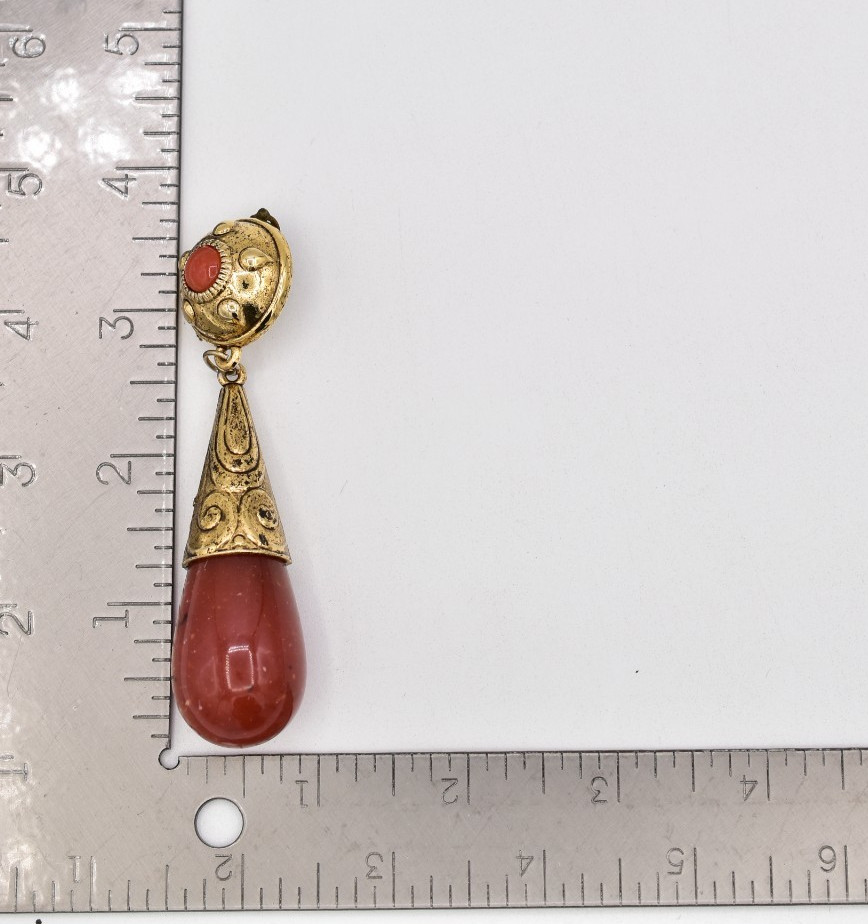 Vintage Gold Red Jasper Lucite Teardrop Clip On Earrings Boho Statement 80s BinH