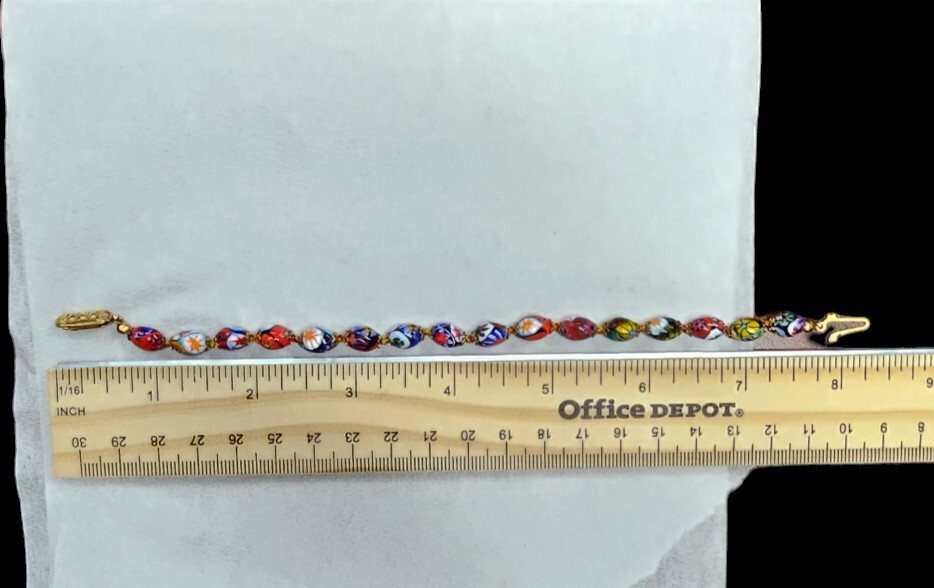 Vintage Colorful Italy Millifiori Glass Bead Hand Knot Gold Metal 7.5″ Bracelet
