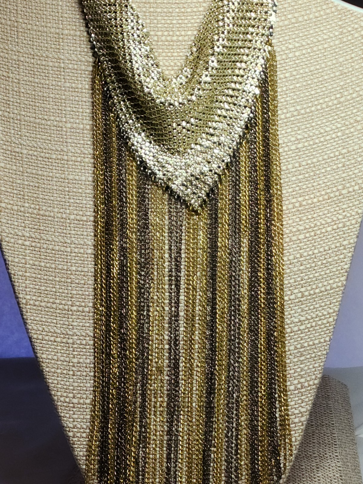 Vintage Gold tone Chainmail Fringe Leopard Statement Necklace 70s